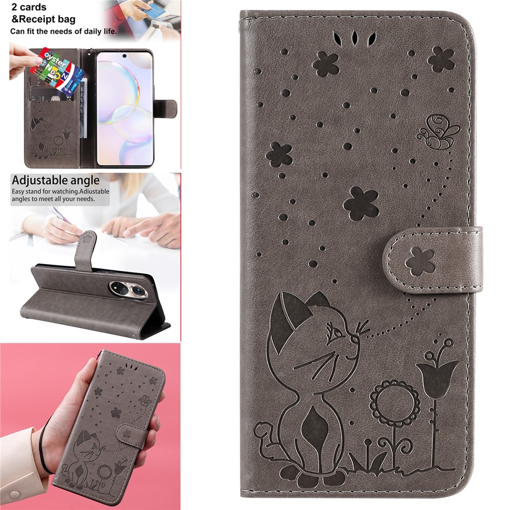 Cat and Bee Imprinted Wallet Stand All-round Protection Leather Phone Shell Case with Wrist Strap for Honor 50 5G/Huawei nova 9 - Grey-10