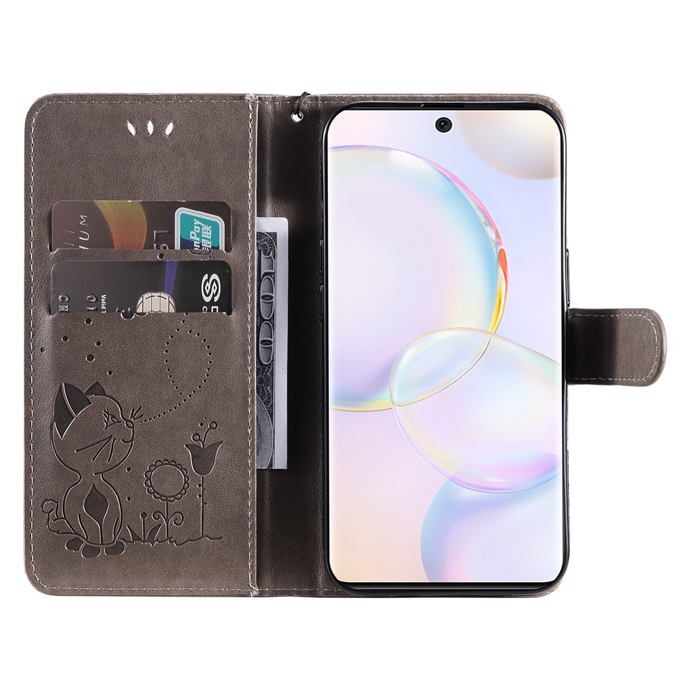 Cat and Bee Imprinted Wallet Stand All-round Protection Leather Phone Shell Case with Wrist Strap for Honor 50 5G/Huawei nova 9 - Grey-5