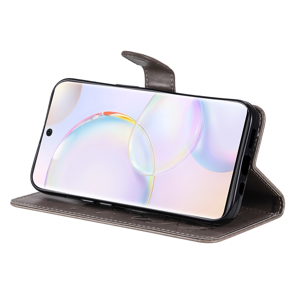 Cat and Bee Imprinted Wallet Stand All-round Protection Leather Phone Shell Case with Wrist Strap for Honor 50 5G/Huawei nova 9 - Grey-6
