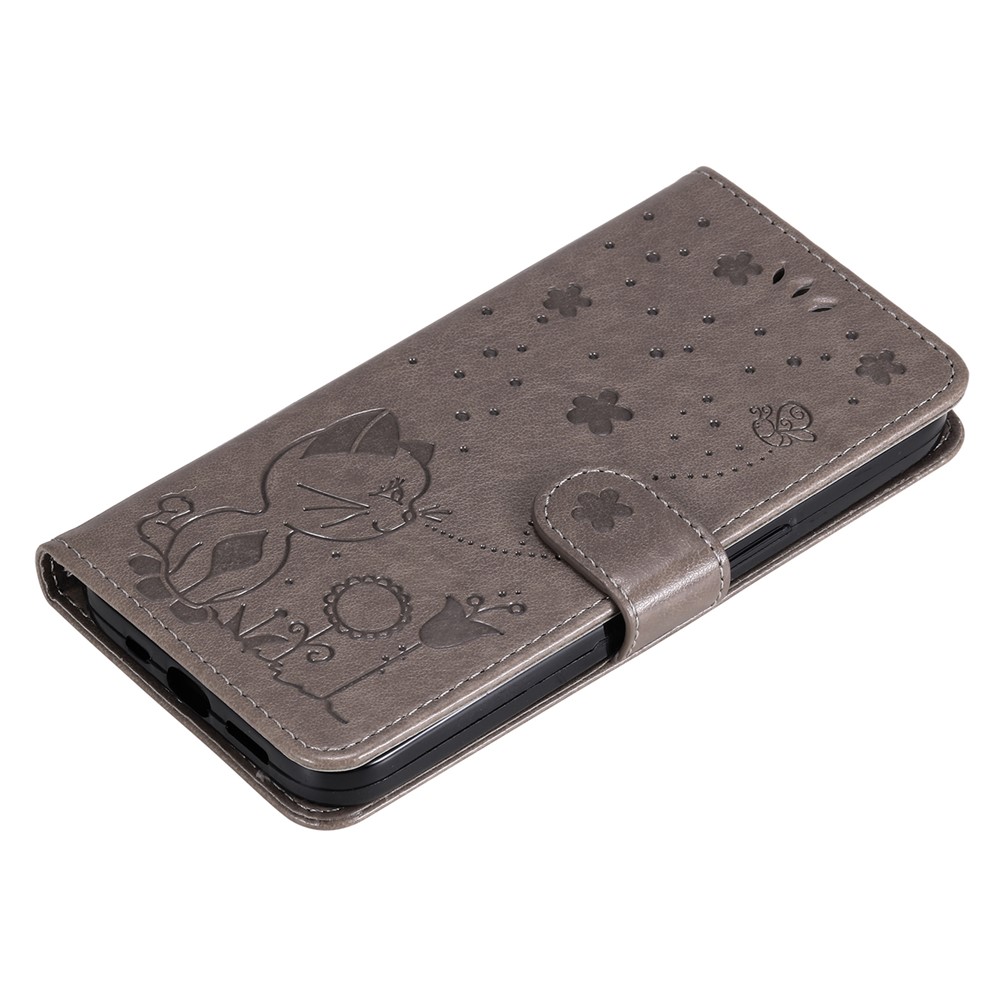 Cat and Bee Imprinted Wallet Stand All-round Protection Leather Phone Shell Case with Wrist Strap for Honor 50 5G/Huawei nova 9 - Grey-7