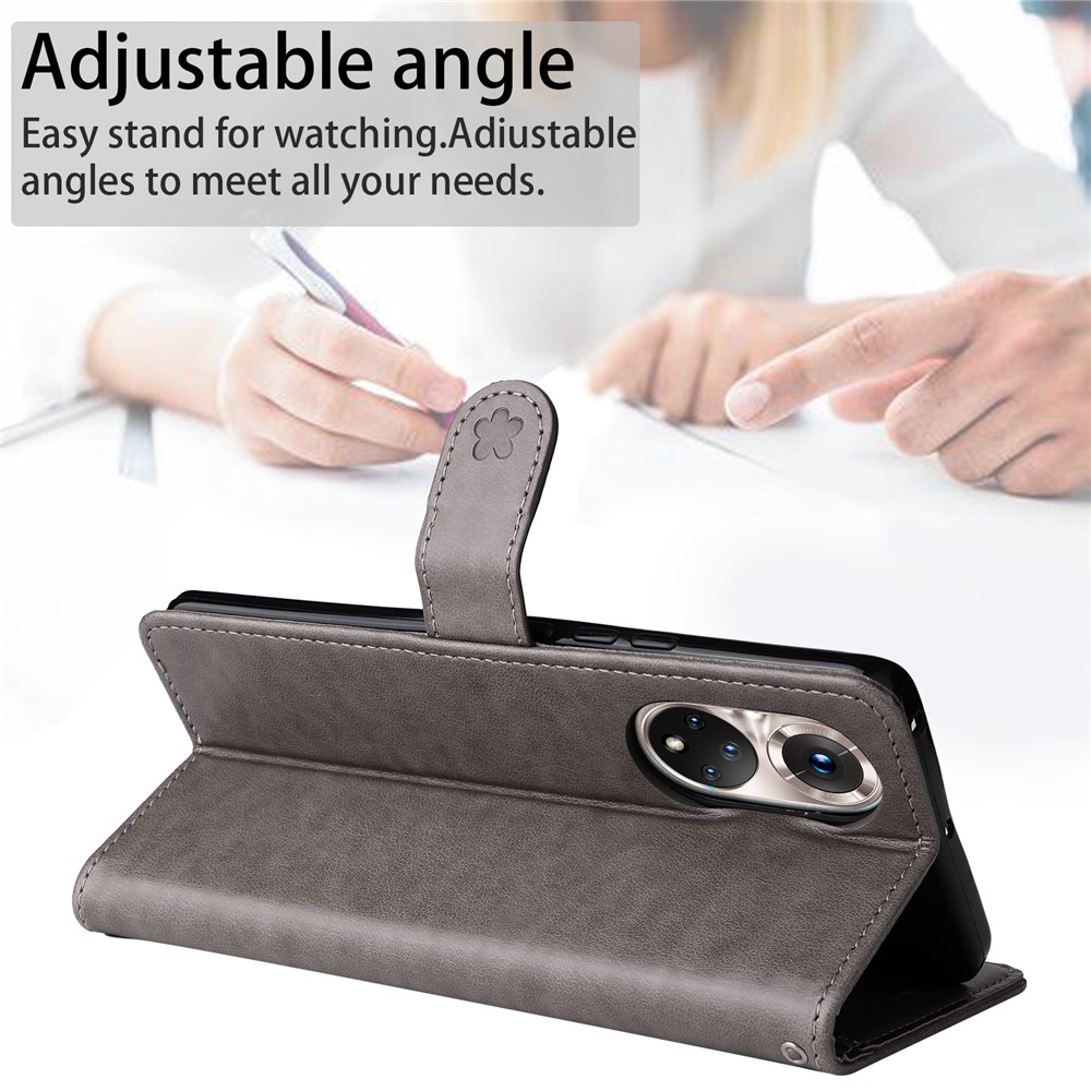 Cat and Bee Imprinted Wallet Stand All-round Protection Leather Phone Shell Case with Wrist Strap for Honor 50 5G/Huawei nova 9 - Grey-8