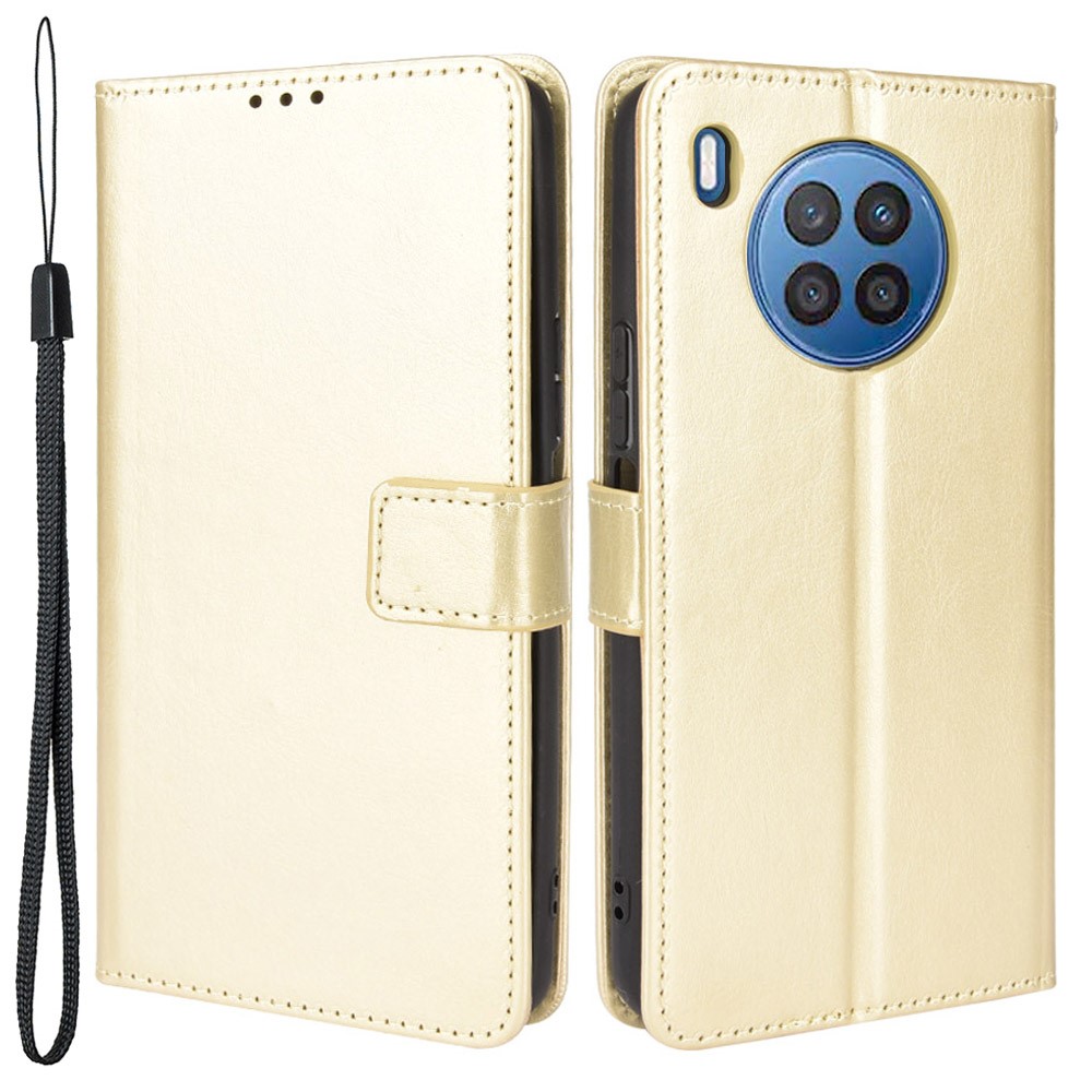 Crazy Horse Texture Anti-Scratch PU Leather Wallet Magnetic Clasp Case with Wrist Strap for Huawei nova 8i/Honor 50 Lite - Gold-1