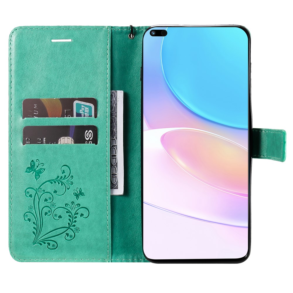 Imprinted Butterfly Pattern PU Leather Case Wallet Stand Shockproof Flip Cover with Strap for Huawei nova 8i / Honor 50 Lite - Green-6