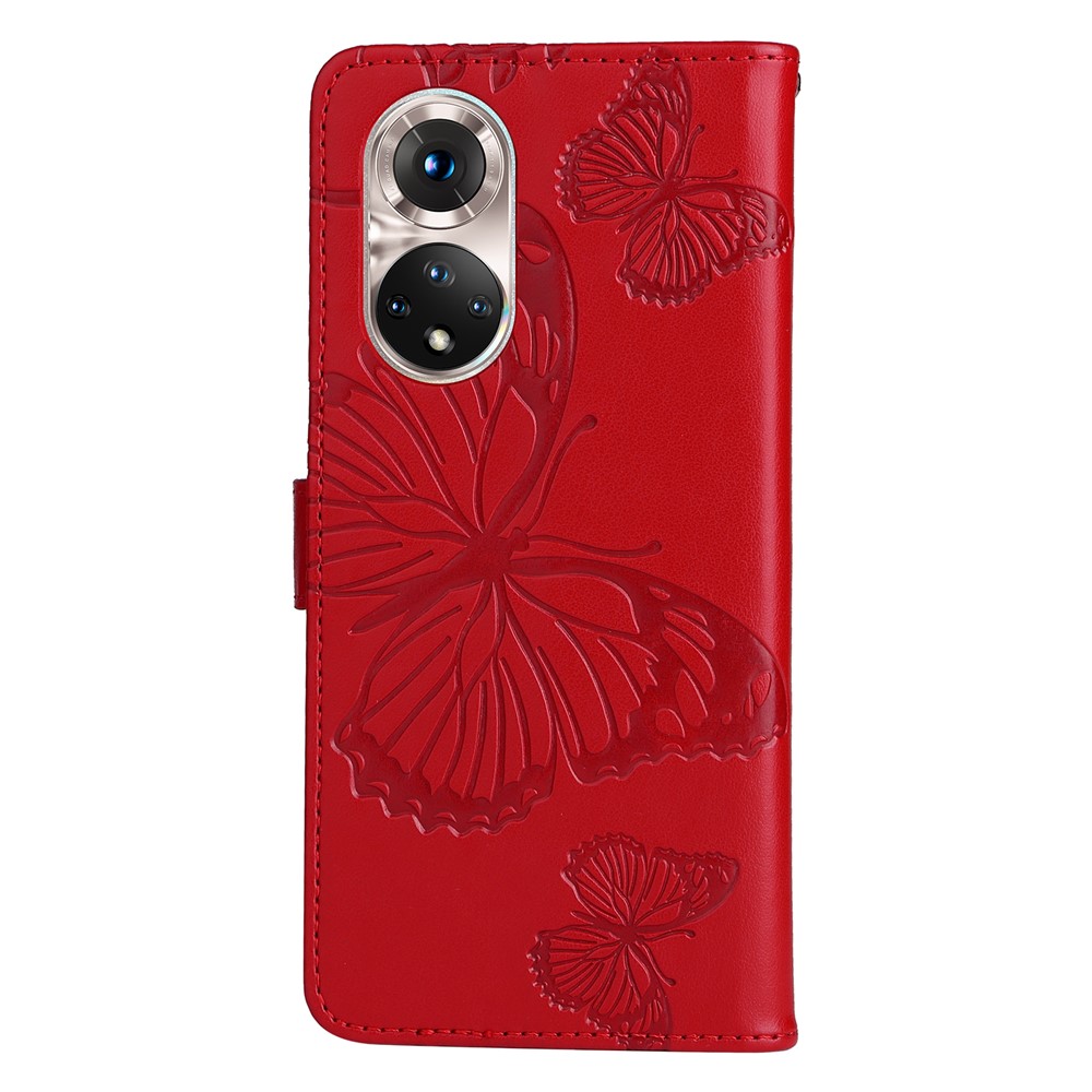 PU Leather Magnetic Flip Wallet Case Stand Imprinted Butterfly Pattern Full Body Protective Cover with Strap for Honor 50 5G / Huawei nova 9 - Red-3