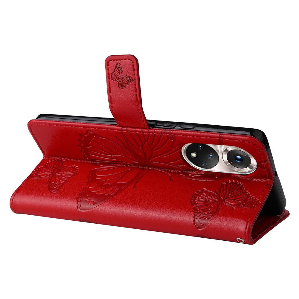 PU Leather Magnetic Flip Wallet Case Stand Imprinted Butterfly Pattern Full Body Protective Cover with Strap for Honor 50 5G / Huawei nova 9 - Red-4