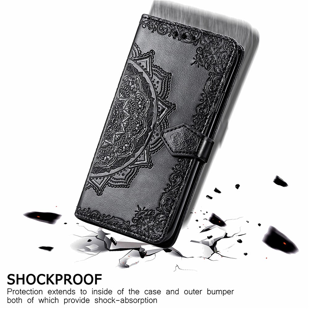 PU Leather Flip Wallet Cover Embossed Mandala Flower Stand Case with Wrist Strap for Huawei nova 8i - Black-3