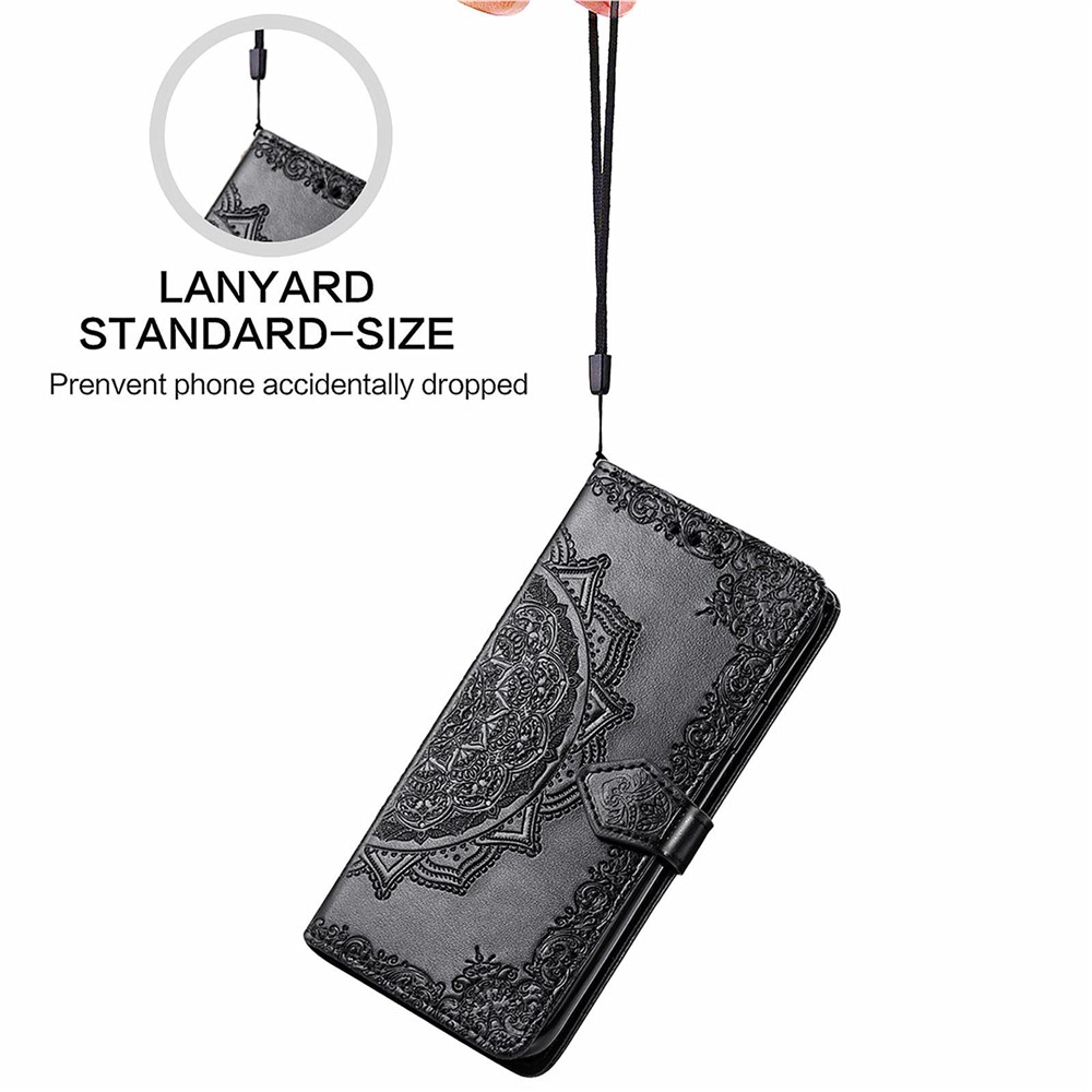 PU Leather Flip Wallet Cover Embossed Mandala Flower Stand Case with Wrist Strap for Huawei nova 8i - Black-5