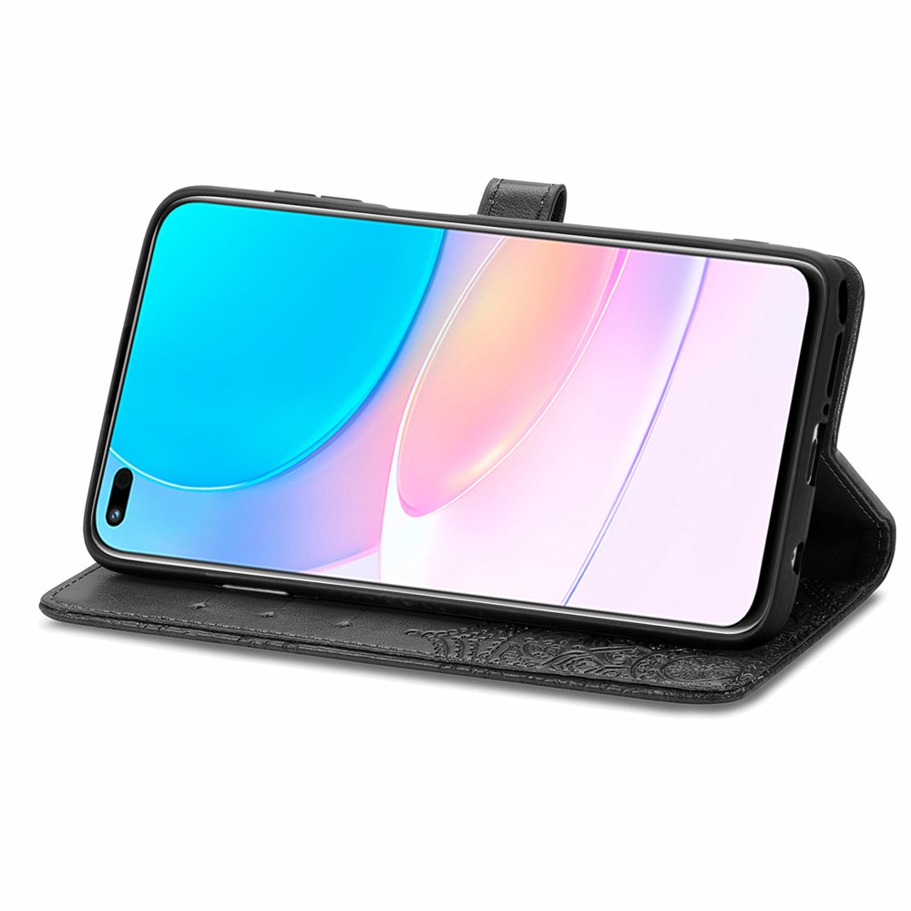 PU Leather Flip Wallet Cover Embossed Mandala Flower Stand Case with Wrist Strap for Huawei nova 8i - Black-6