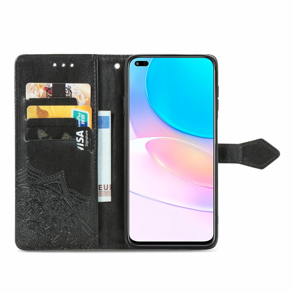 PU Leather Flip Wallet Cover Embossed Mandala Flower Stand Case with Wrist Strap for Huawei nova 8i - Black-7