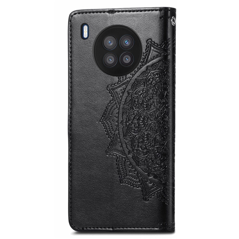 PU Leather Flip Wallet Cover Embossed Mandala Flower Stand Case with Wrist Strap for Huawei nova 8i - Black-9