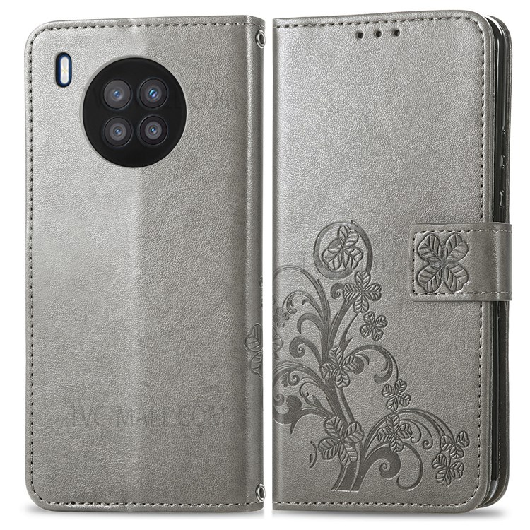 Magnetic Clasp Folio Flip Cover Four-leaf Clover Imprinted PU Leather Wallet Stand Protective Case for Huawei nova 8i - Grey-1