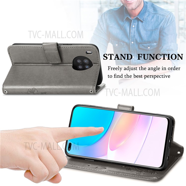 Magnetic Clasp Folio Flip Cover Four-leaf Clover Imprinted PU Leather Wallet Stand Protective Case for Huawei nova 8i - Grey-2