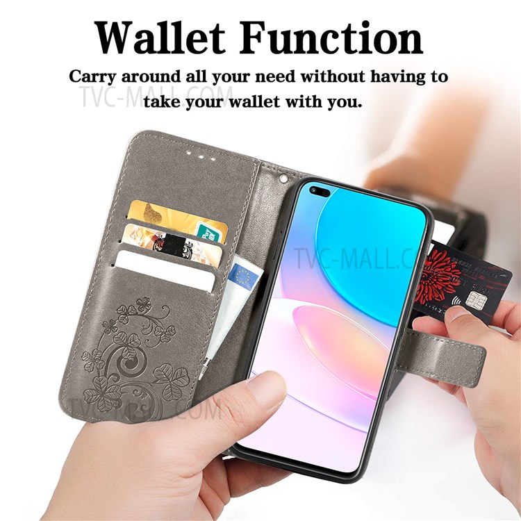 Magnetic Clasp Folio Flip Cover Four-leaf Clover Imprinted PU Leather Wallet Stand Protective Case for Huawei nova 8i - Grey-3