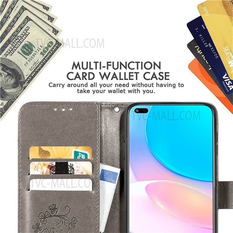 Magnetic Clasp Folio Flip Cover Four-leaf Clover Imprinted PU Leather Wallet Stand Protective Case for Huawei nova 8i - Grey-4