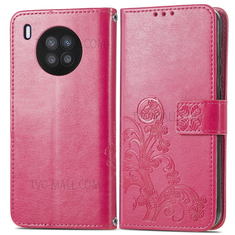 Magnetic Clasp Folio Flip Cover Four-leaf Clover Imprinted PU Leather Wallet Stand Protective Case for Huawei nova 8i - Red-1