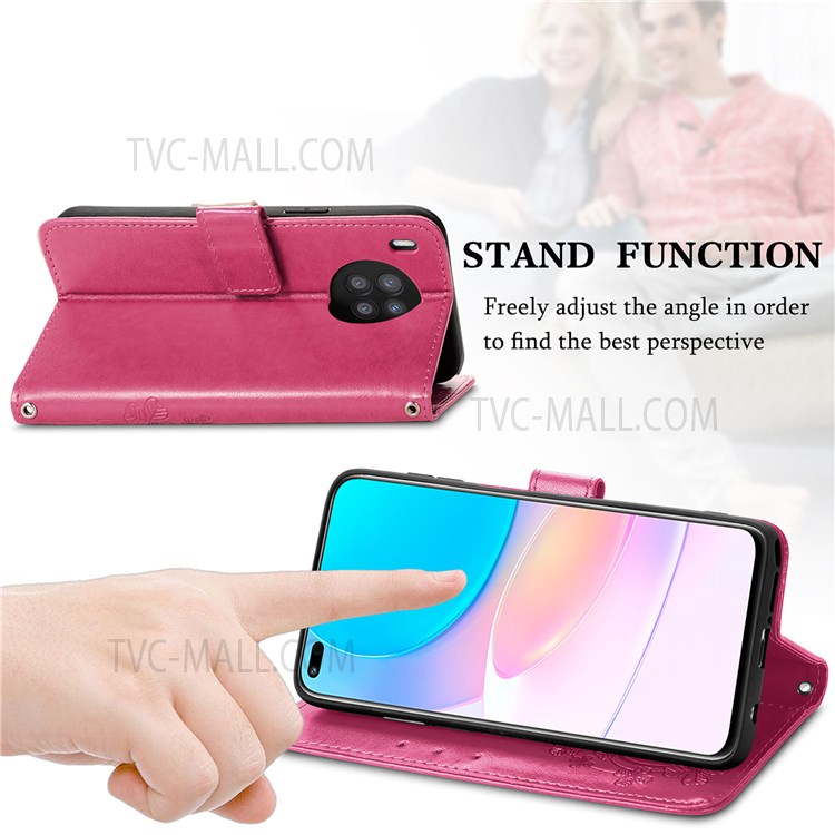 Magnetic Clasp Folio Flip Cover Four-leaf Clover Imprinted PU Leather Wallet Stand Protective Case for Huawei nova 8i - Red-2