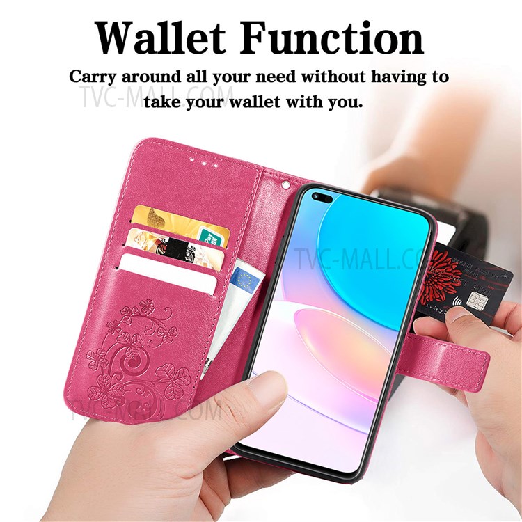 Magnetic Clasp Folio Flip Cover Four-leaf Clover Imprinted PU Leather Wallet Stand Protective Case for Huawei nova 8i - Red-3