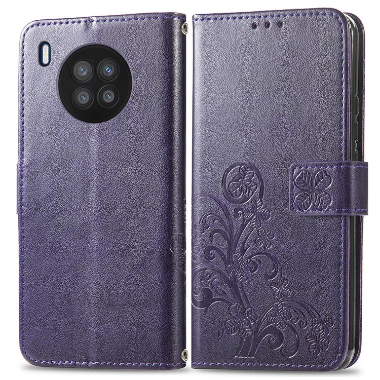 Magnetic Clasp Folio Flip Cover Four-leaf Clover Imprinted PU Leather Wallet Stand Protective Case for Huawei nova 8i - Purple-1