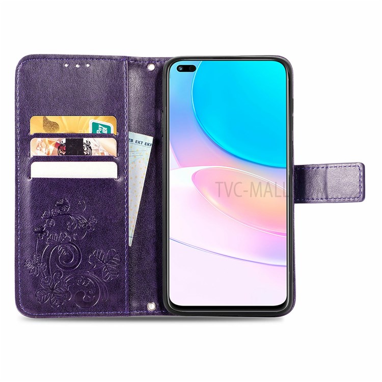 Magnetic Clasp Folio Flip Cover Four-leaf Clover Imprinted PU Leather Wallet Stand Protective Case for Huawei nova 8i - Purple-3