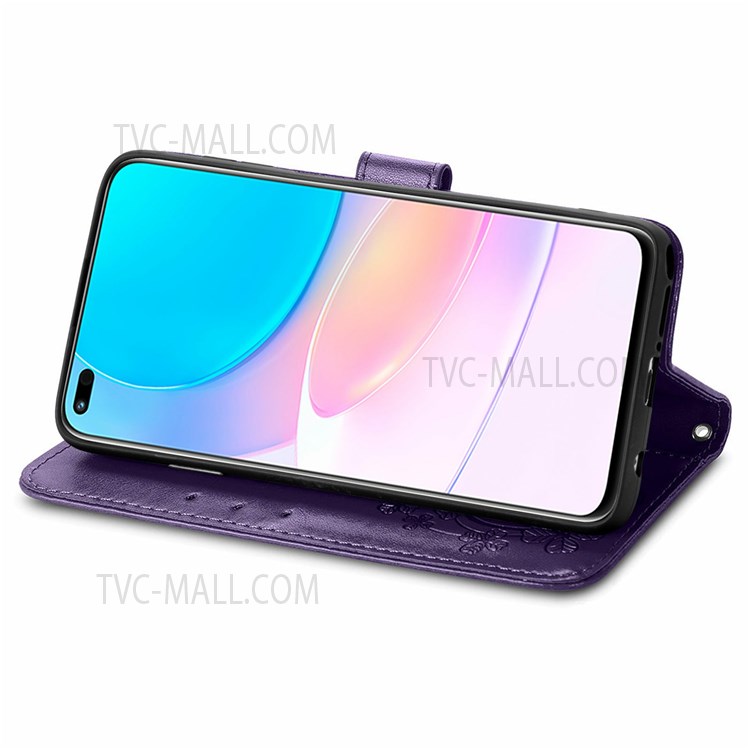 Magnetic Clasp Folio Flip Cover Four-leaf Clover Imprinted PU Leather Wallet Stand Protective Case for Huawei nova 8i - Purple-4