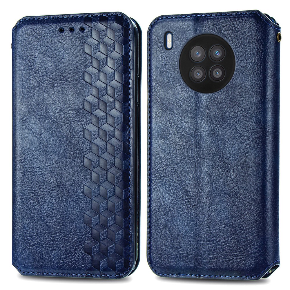Auto-absorbed Magnet Closing Rhombus Imprinted Leather Phone Case with Stand Wallet for Huawei nova 8i - Blue-1