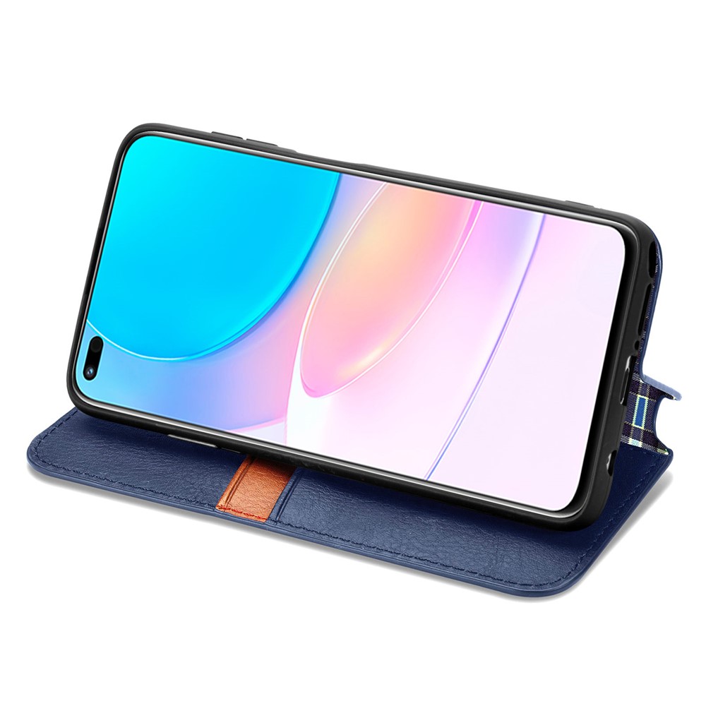 Auto-absorbed Magnet Closing Rhombus Imprinted Leather Phone Case with Stand Wallet for Huawei nova 8i - Blue-3