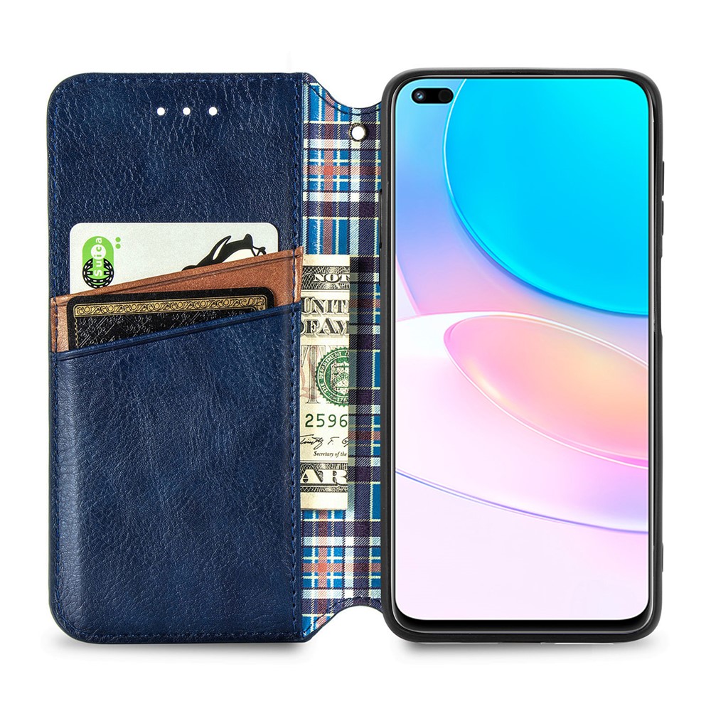 Auto-absorbed Magnet Closing Rhombus Imprinted Leather Phone Case with Stand Wallet for Huawei nova 8i - Blue-4