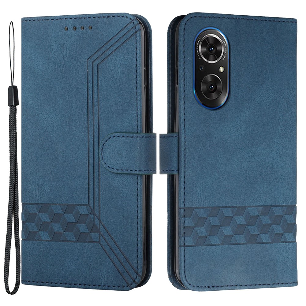 YX0010 Rhombus Lines Imprinting Skin-touch Feel Leather Flip Cover + Soft Inner Shell Stand Wallet Protective Case with Wrist Strap for Huawei nova 9/Honor 50 - Blue-1