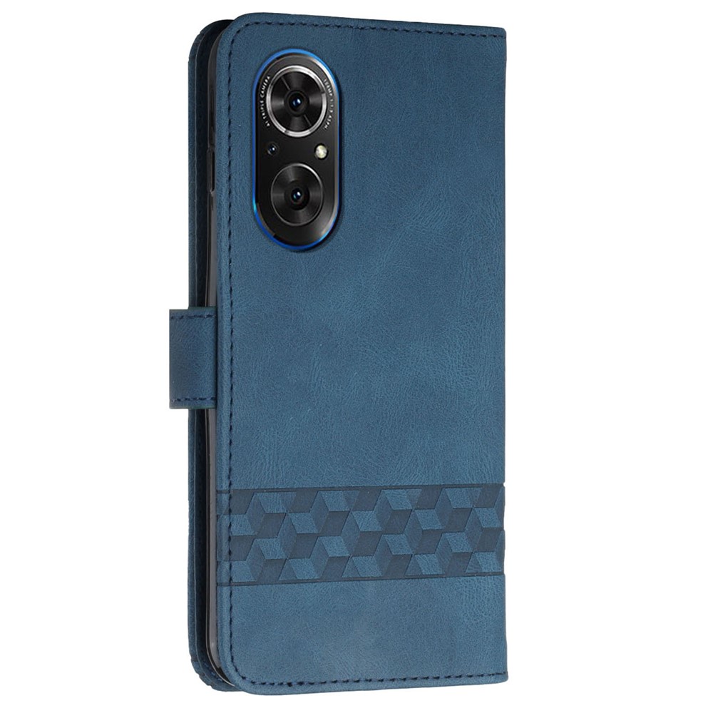 YX0010 Rhombus Lines Imprinting Skin-touch Feel Leather Flip Cover + Soft Inner Shell Stand Wallet Protective Case with Wrist Strap for Huawei nova 9/Honor 50 - Blue-3