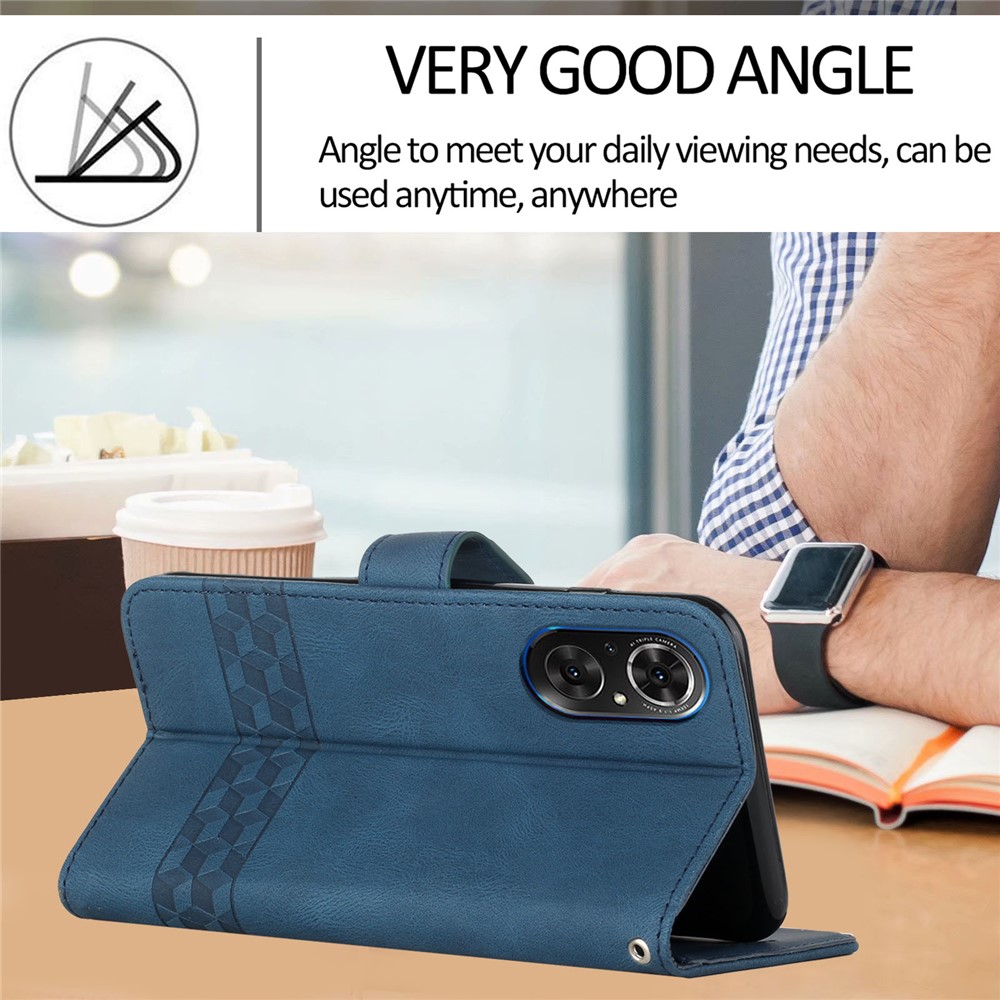 YX0010 Rhombus Lines Imprinting Skin-touch Feel Leather Flip Cover + Soft Inner Shell Stand Wallet Protective Case with Wrist Strap for Huawei nova 9/Honor 50 - Blue-5