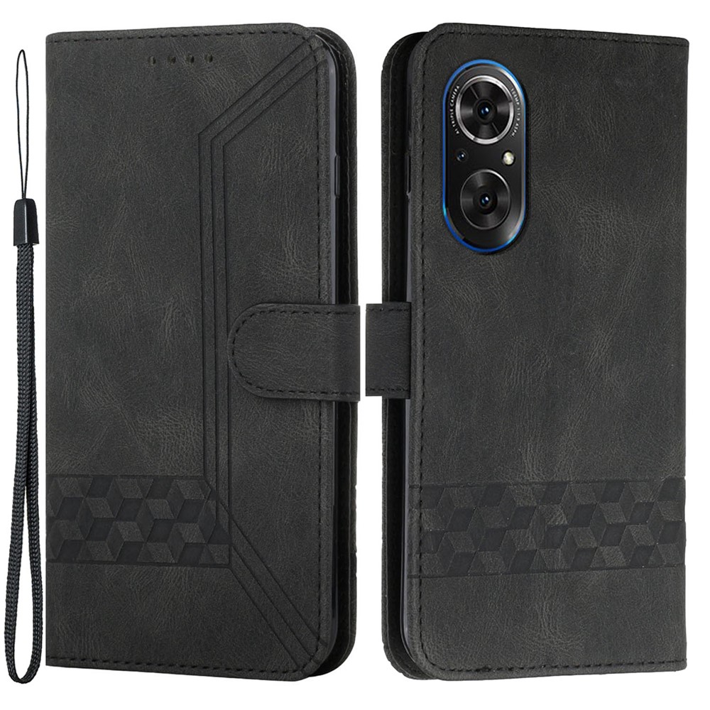 YX0010 Rhombus Lines Imprinting Skin-touch Feel Folio Flip Leather Shell Stand Wallet Protective Case with Wrist Strap for Honor 50 SE - Black-1