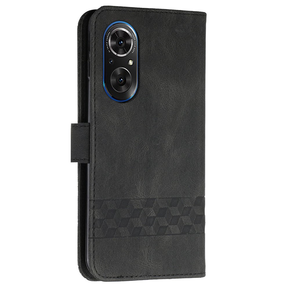 YX0010 Rhombus Lines Imprinting Skin-touch Feel Folio Flip Leather Shell Stand Wallet Protective Case with Wrist Strap for Honor 50 SE - Black-3