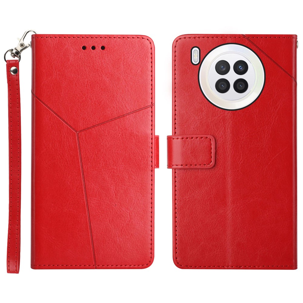 Shockproof Design Y-shaped Lines Imprinted Magnetic PU Leather Stand Flip Wallet Phone Cover with Strap for Honor 50 Lite / Huawei nova 8i - Red-1