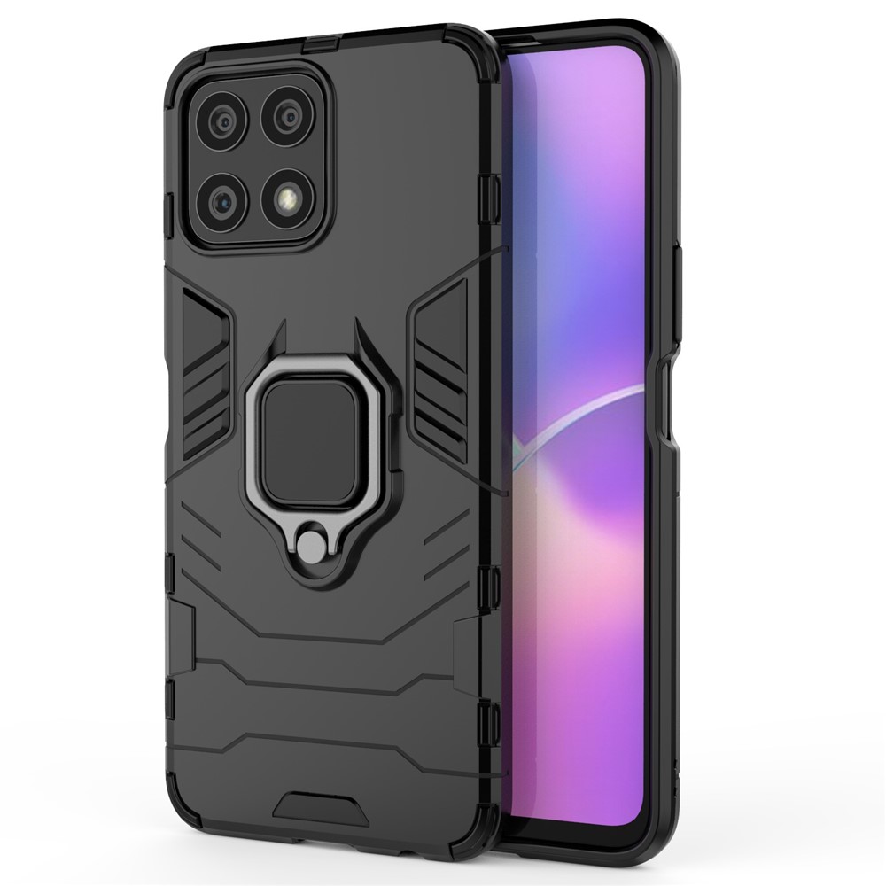 Fingerprint-proof Dual-layer Soft Flexible TPU and Hard PC Shockproof Protective Case with Ring Holder Kickstand for Honor X30i - Black-2