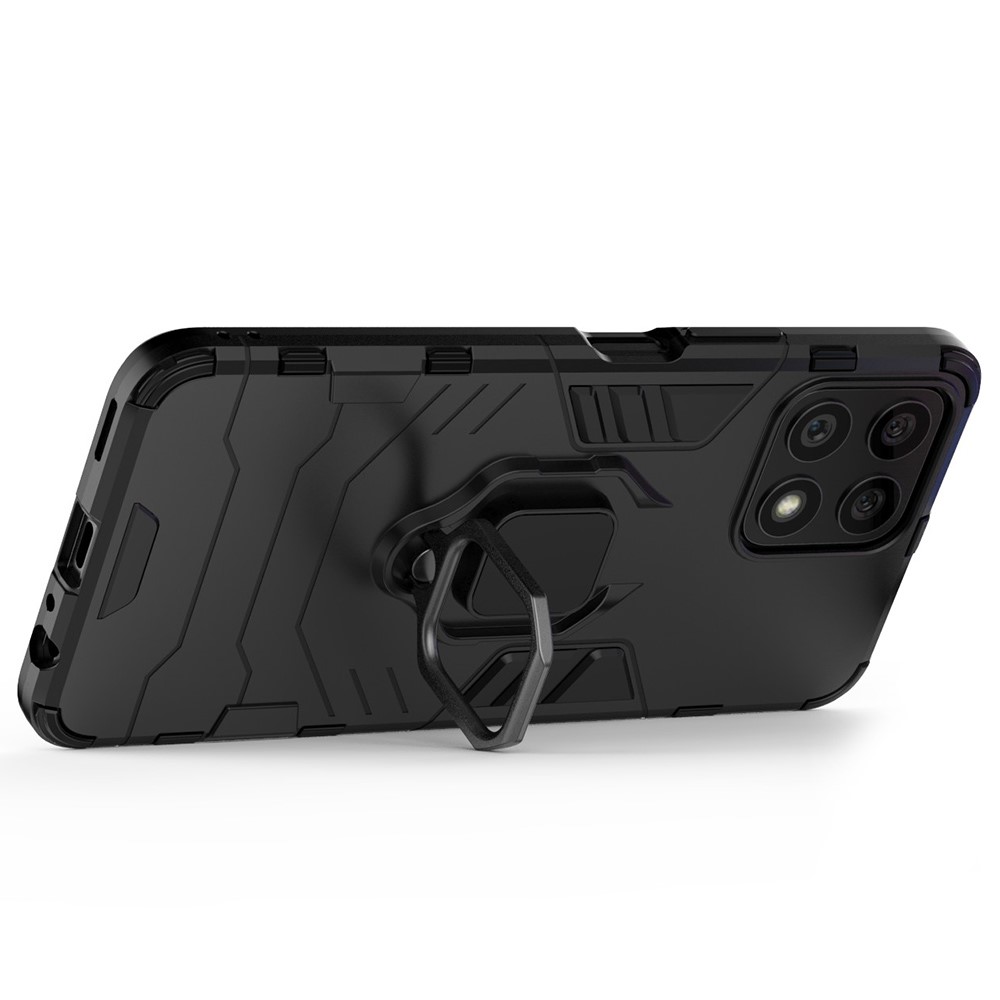 Fingerprint-proof Dual-layer Soft Flexible TPU and Hard PC Shockproof Protective Case with Ring Holder Kickstand for Honor X30i - Black-4