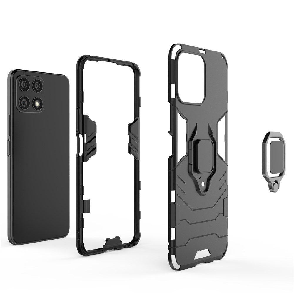 Fingerprint-proof Dual-layer Soft Flexible TPU and Hard PC Shockproof Protective Case with Ring Holder Kickstand for Honor X30i - Black-6
