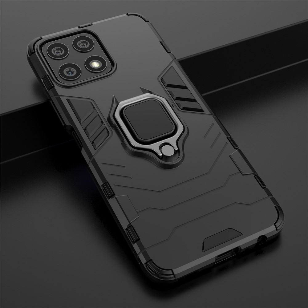 Fingerprint-proof Dual-layer Soft Flexible TPU and Hard PC Shockproof Protective Case with Ring Holder Kickstand for Honor X30i - Black-8