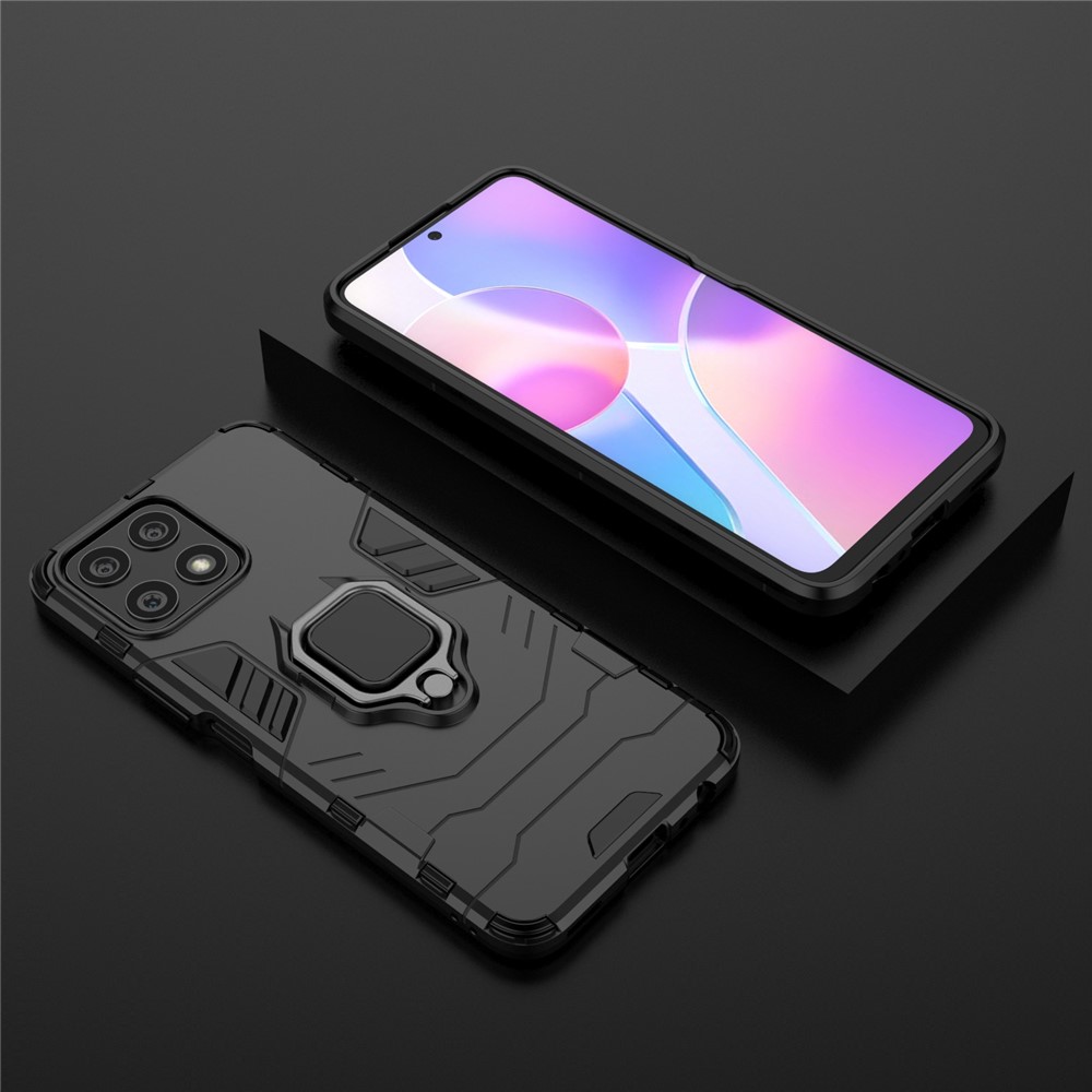 Fingerprint-proof Dual-layer Soft Flexible TPU and Hard PC Shockproof Protective Case with Ring Holder Kickstand for Honor X30i - Black-9