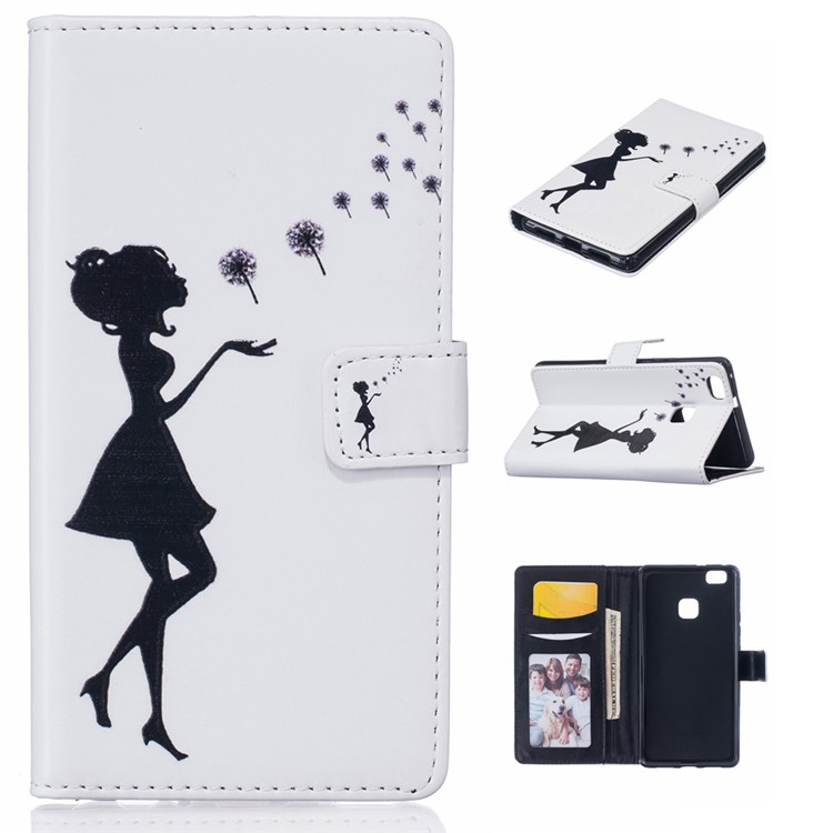 Embossed Stand Leather Case for Huawei P9 Lite/G9 Lite - Girl Playing with Dandelions