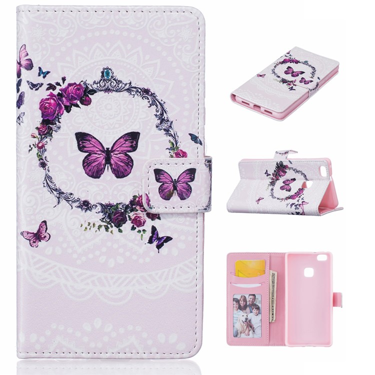 Embossed Leather Protector Case for Huawei P9 Lite/G9 Lite - Butterfly and Garland-1