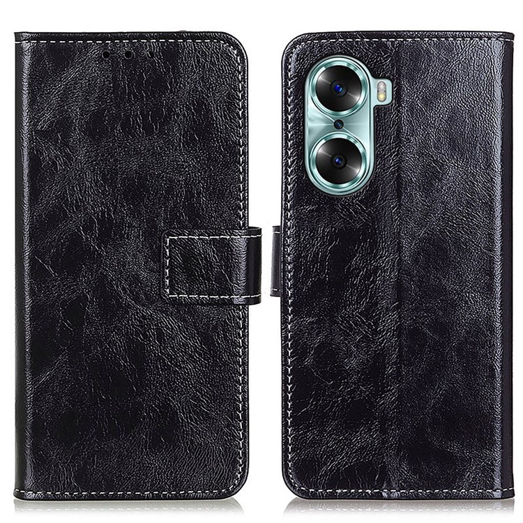 All-round Drop Protection Vintage Style Crazy Horse Texture Leather Case Stand TPU Inner Wallet Phone Cover for Honor 60 - Black-1