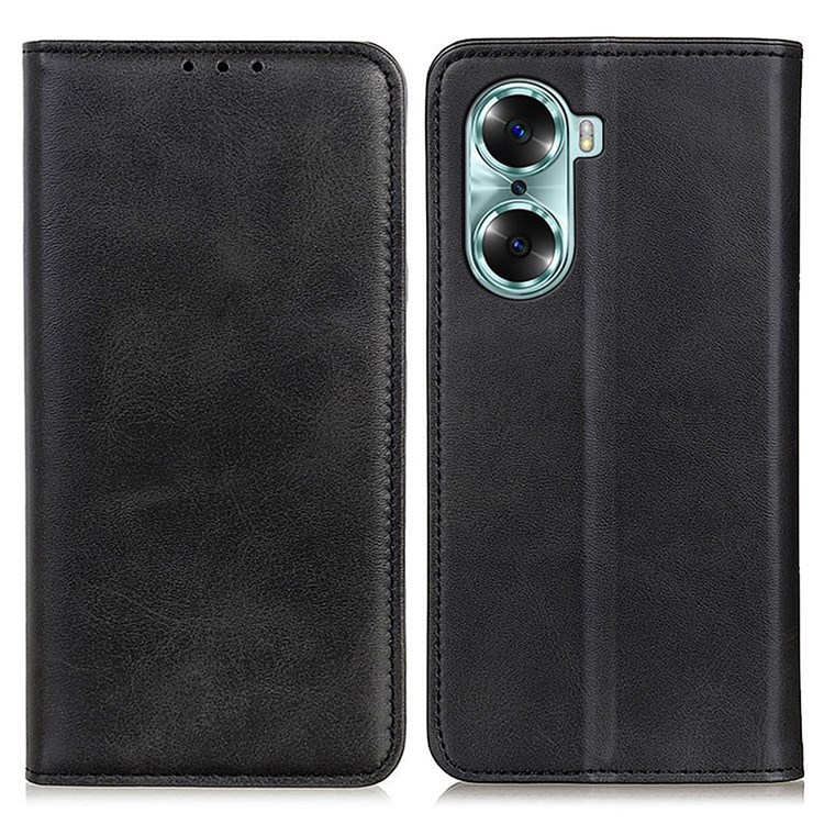 Mobile Phone Covering Wallet Split Leather Scratch-resistant Stand Feature Auto-absorbed Phone Case Shell for Honor 60 - Black-1