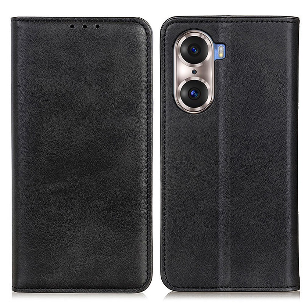 Split Leather Scratch-resistant Stand Feature Auto-absorbed Folio Flip Wallet Phone Case Shell for Honor 60 Pro - Black-1