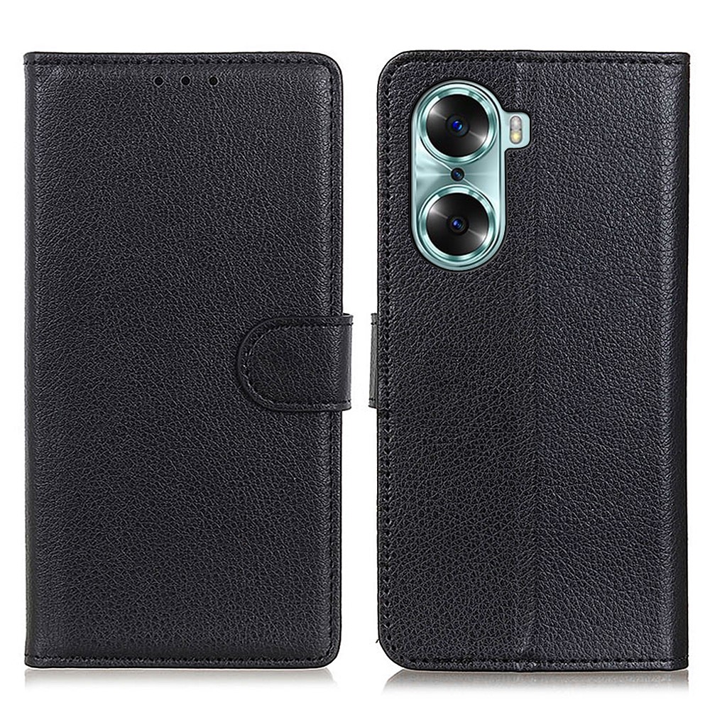 Mobile Phone Bag Case Litchi Texture Drop-proof TPU+PU Leather Phone Case Stand Phone Cover for Honor 60 - Black-1
