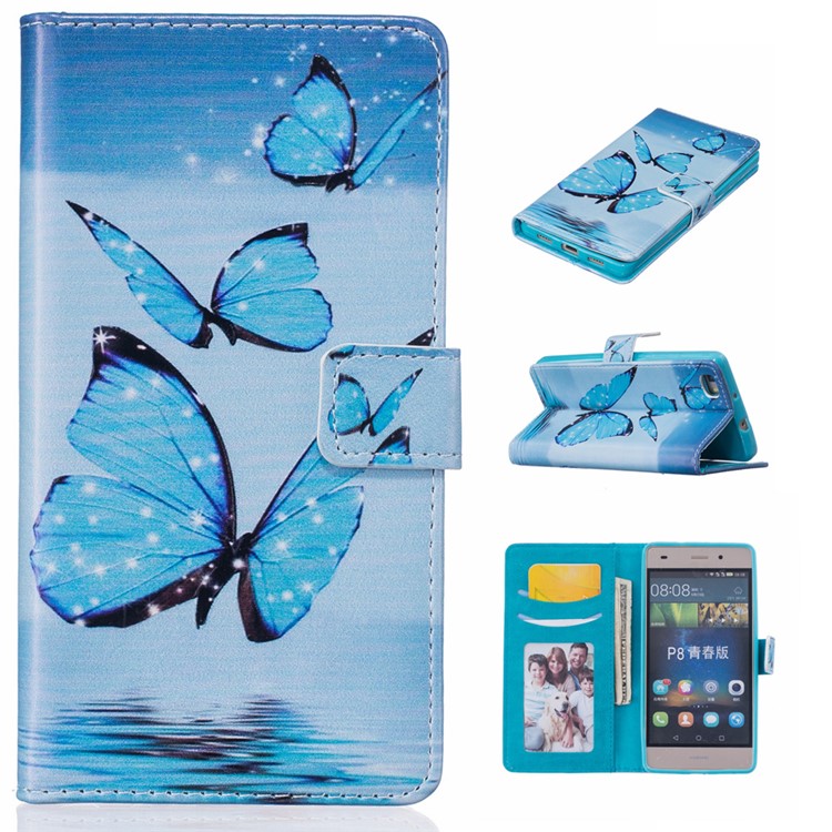 Embossed Wallet Stand Leather Folio Case for Huawei Ascend P8 Lite - Blue Butterfly-1