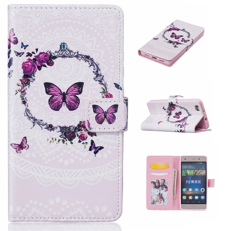 Embossed Flip PU Leather Wallet Stand Shell for Huawei Ascend P8 Lite - Flowers and Butterflies-1