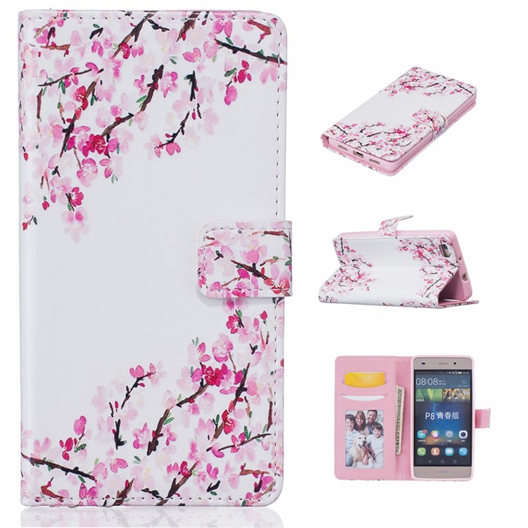 Diary Style Embossed Wallet Stand Leather Shell for Huawei Ascend P8 Lite - Cherry Blossoms-1