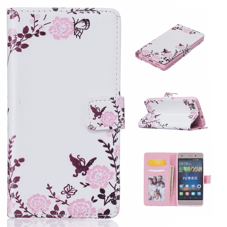 Patterned Embossed Wallet Stand Leather Folio Case for Huawei Ascend P8 Lite - Pretty Flowers and Butterflies-1