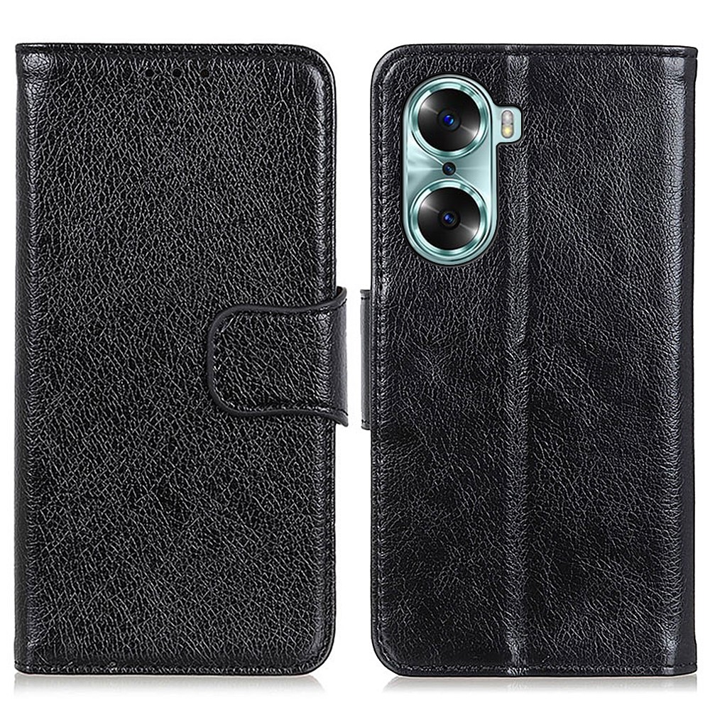 Nappa Texture Split Leather Stand Folio Flip Cover Inner Soft TPU Double-sided Magnetic Case with Wallet for Honor 60 - Black-1