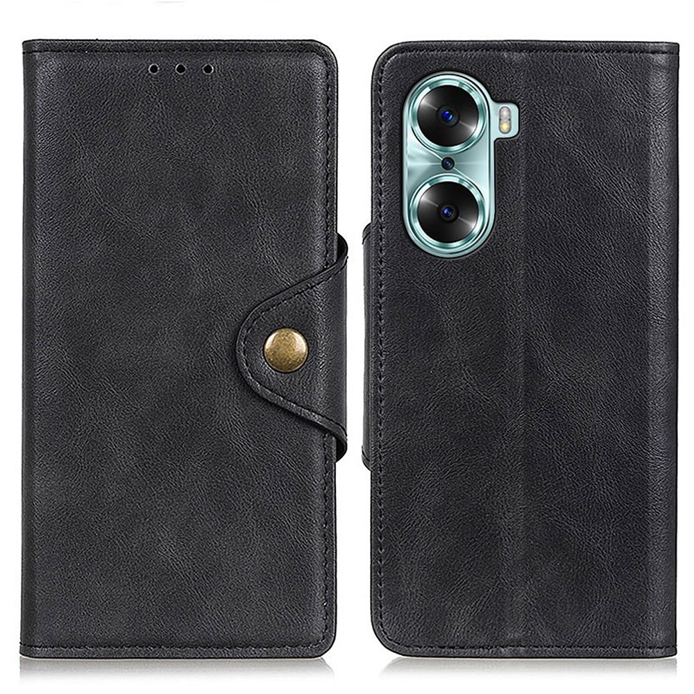 Brass Buckle Magnetic Protective PU Leather Shockproof TPU Flip Stand Cover with Wallet for Honor 60 - Black-1
